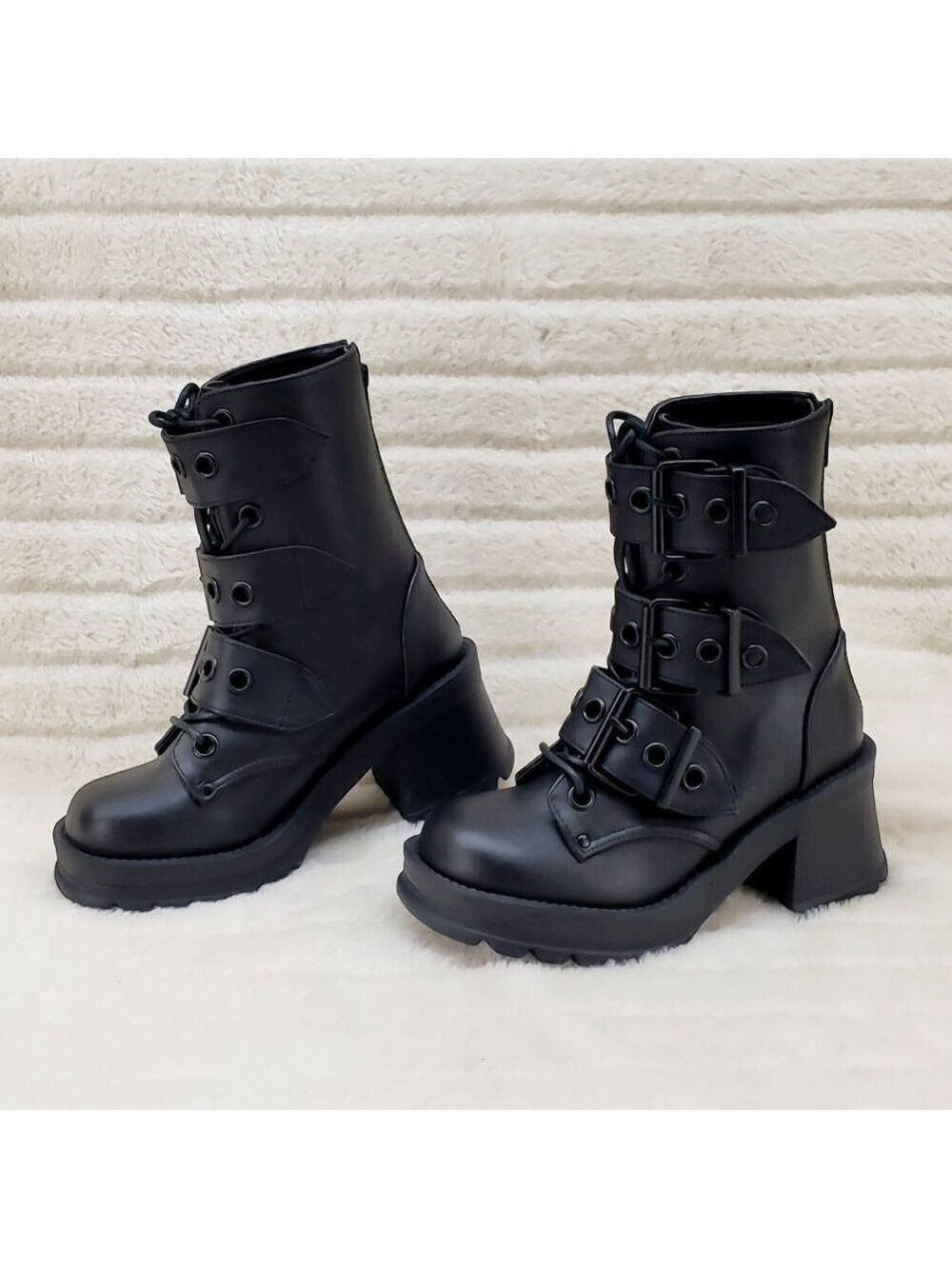 Bratty Goth 3 Big Buckle Strap Block Heel Combat Ankle Boots Punk Rock - Picture 3 of 15
